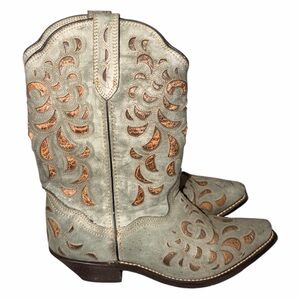 Rockin’ Country Cutout Western Cowboy Boots in Dusty Aqua with Copper Underlay